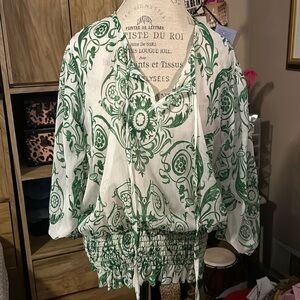 Sheer Ashley Steward Green & White Printed Blouse - 1X